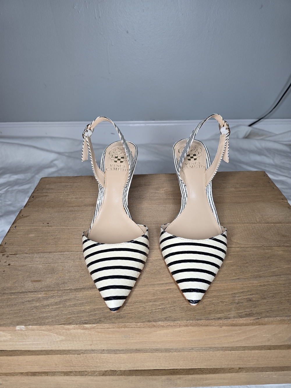 Striped Pointed Slingback Pumps in Black and White - Picture 3 of 10